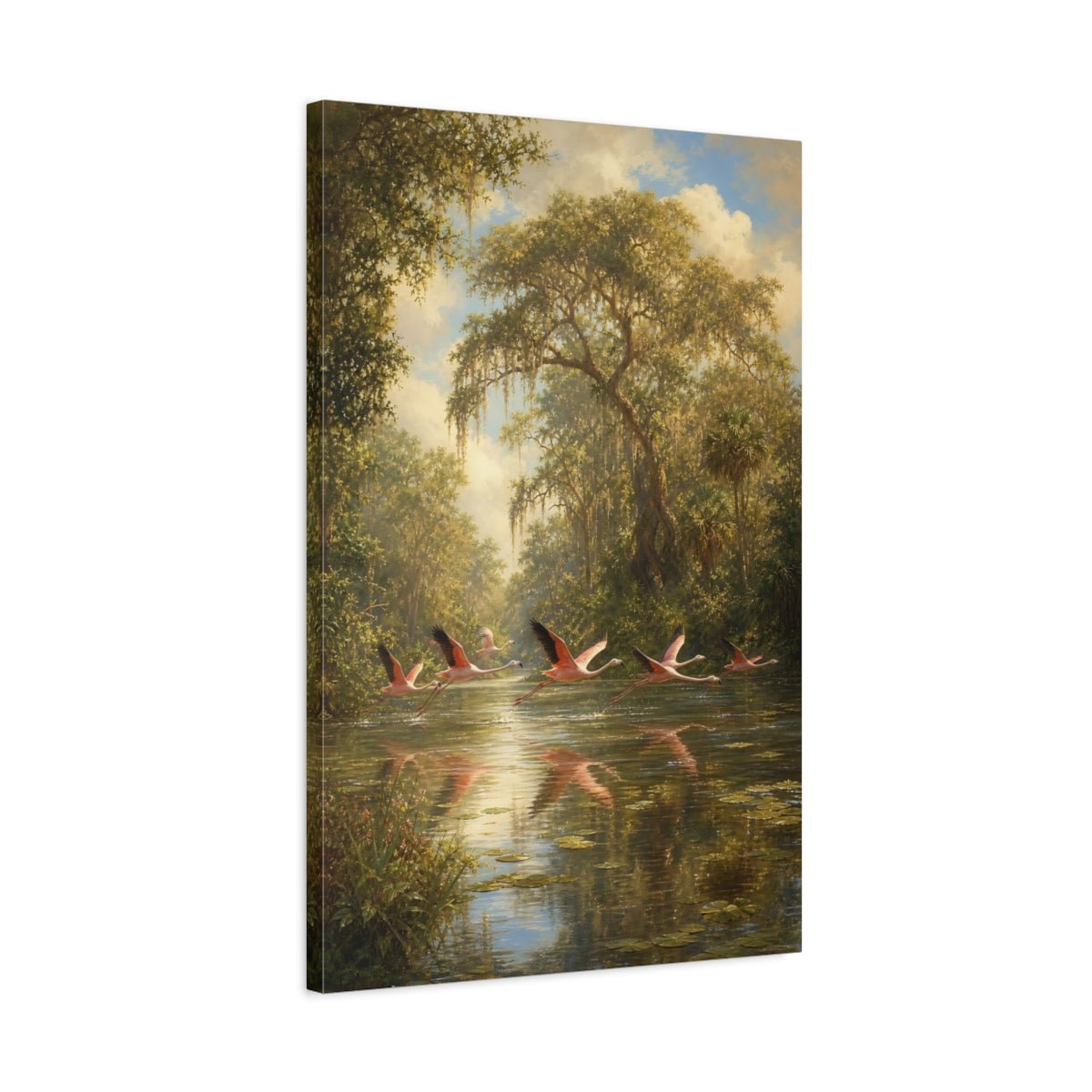 Barbizon Inspired Forest Painting Flamingos Lifting Canvas Wall Art Print – Realistic Living Room, Above Fireplace - YesArtYes