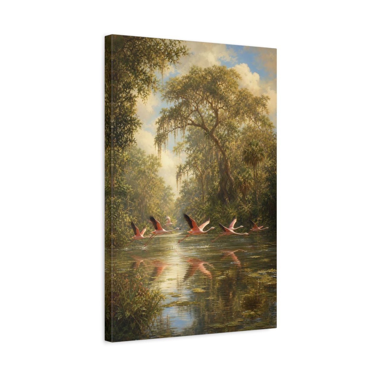 Barbizon Inspired Forest Painting Flamingos Lifting Canvas Wall Art Print – Realistic Living Room, Above Fireplace - YesArtYes