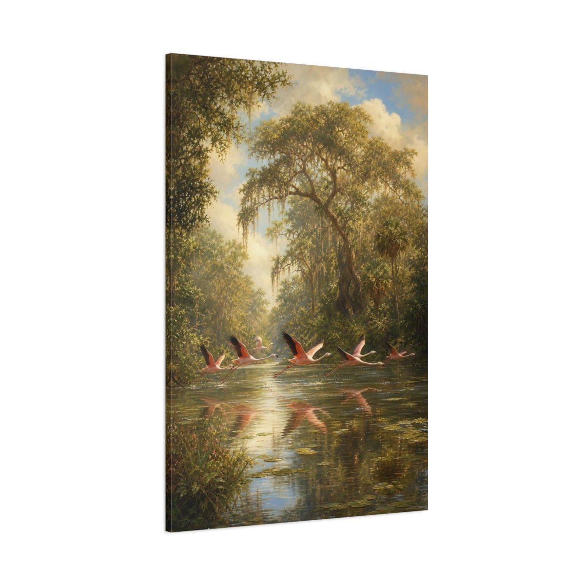 Barbizon Inspired Forest Painting Flamingos Lifting Canvas Wall Art Print – Realistic Living Room, Above Fireplace - YesArtYes