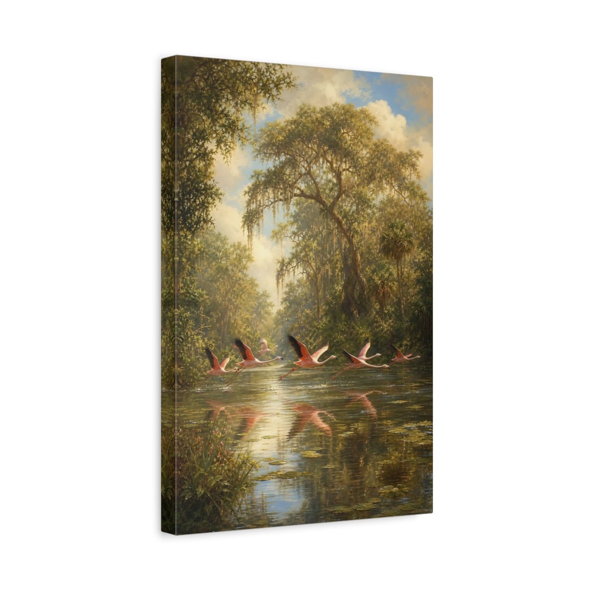 Barbizon Inspired Forest Painting Flamingos Lifting Canvas Wall Art Print – Realistic Living Room, Above Fireplace - YesArtYes
