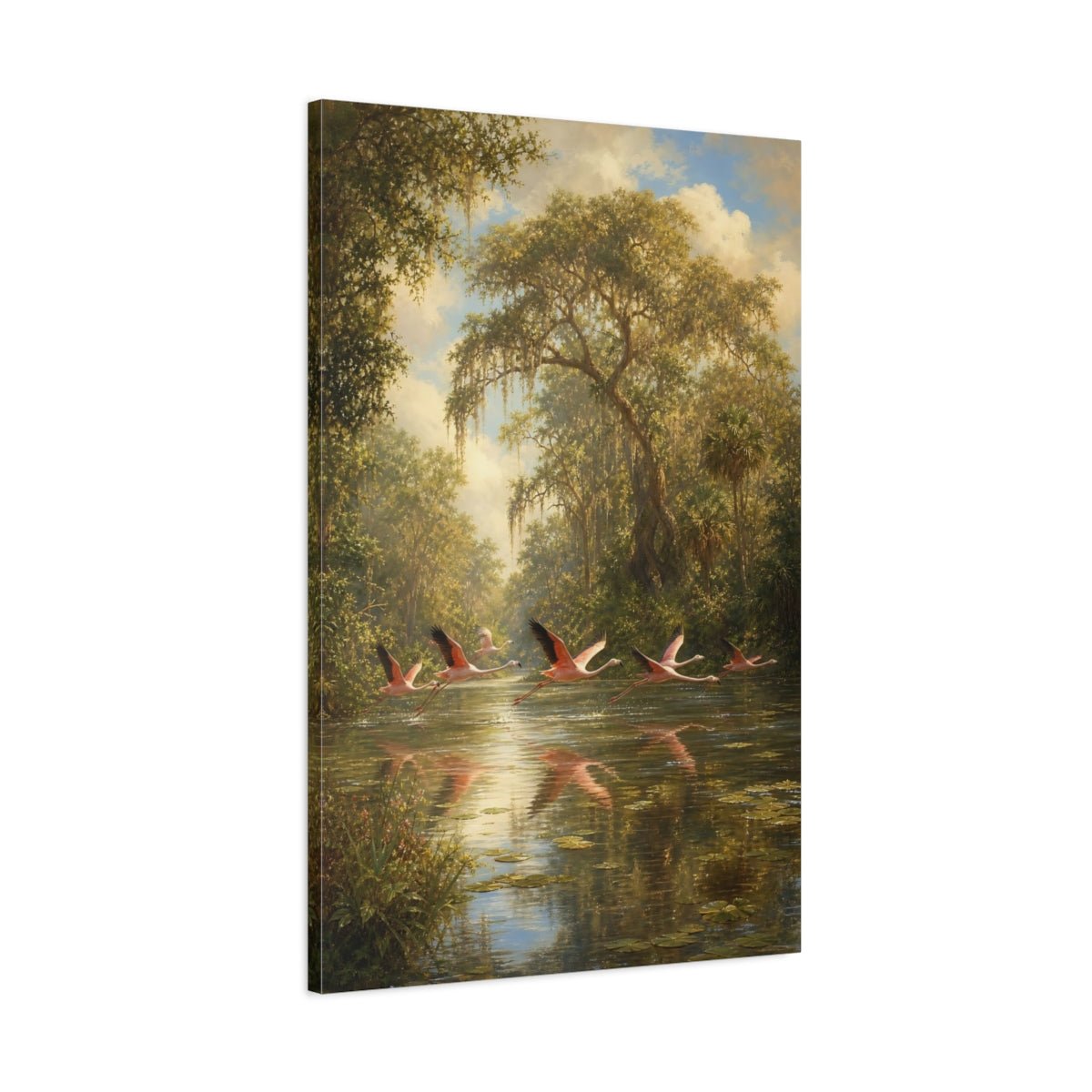 Barbizon Inspired Forest Painting Flamingos Lifting Canvas Wall Art Print – Realistic Living Room, Above Fireplace - YesArtYes