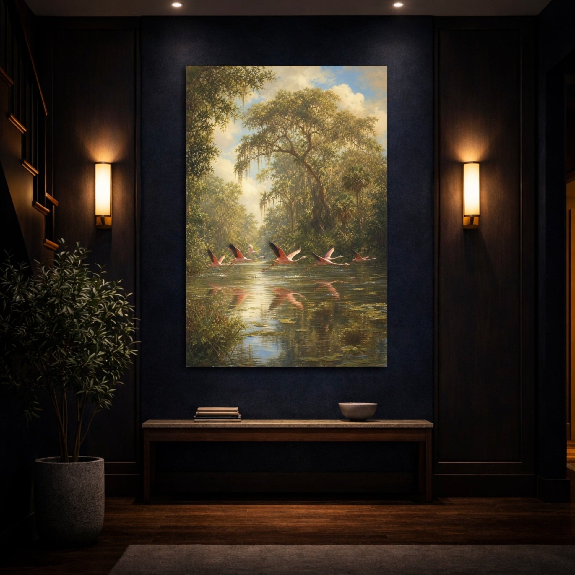 Barbizon Inspired Forest Painting Flamingos Lifting Canvas Wall Art Print – Realistic Living Room, Above Fireplace - YesArtYes