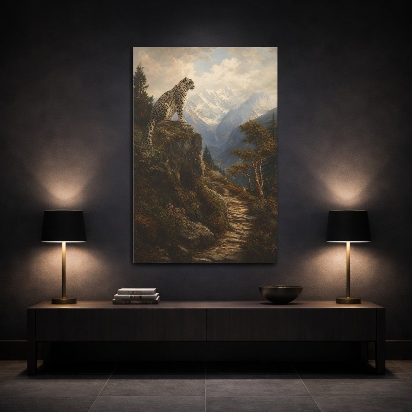 Barbizon Inspired Forest Painting Snow Leopard Canvas Print – Traditional Decor for Living Room, Large Wall - YesArtYes