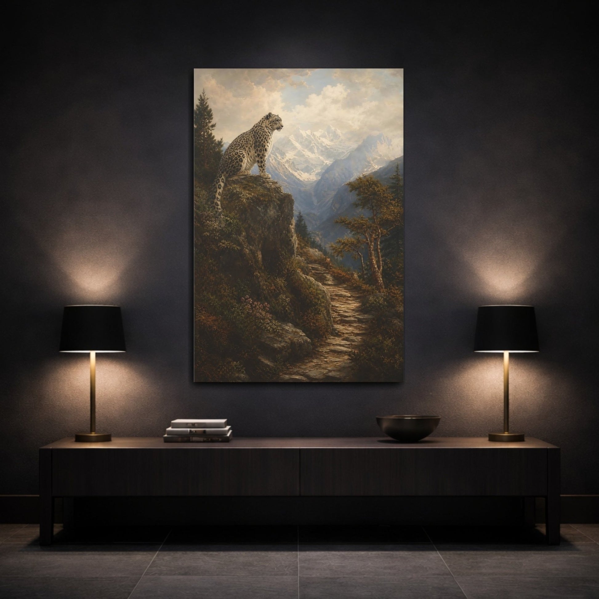 Barbizon Inspired Forest Painting Snow Leopard Canvas Print – Traditional Decor for Living Room, Large Wall - YesArtYes