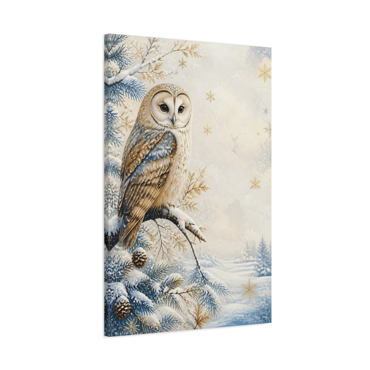Main Mockup. Barn Owl In Snow shown as canvas print