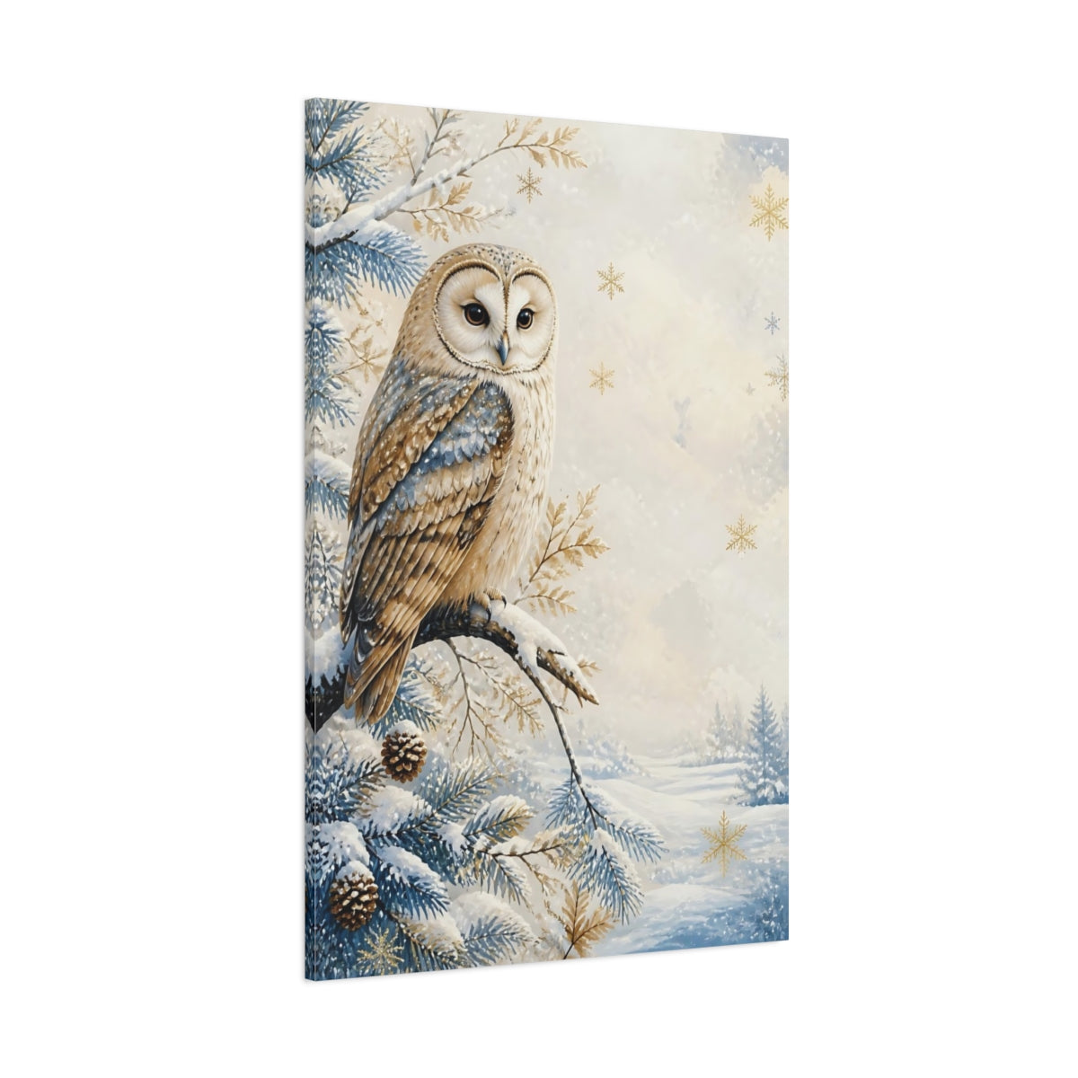 Side Mockup 1. Barn Owl In Snow shown as canvas print