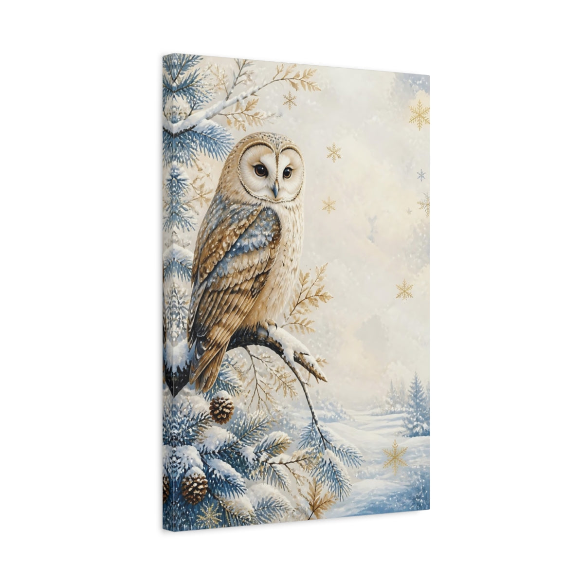 Side Mockup 3. Barn Owl In Snow shown as canvas print