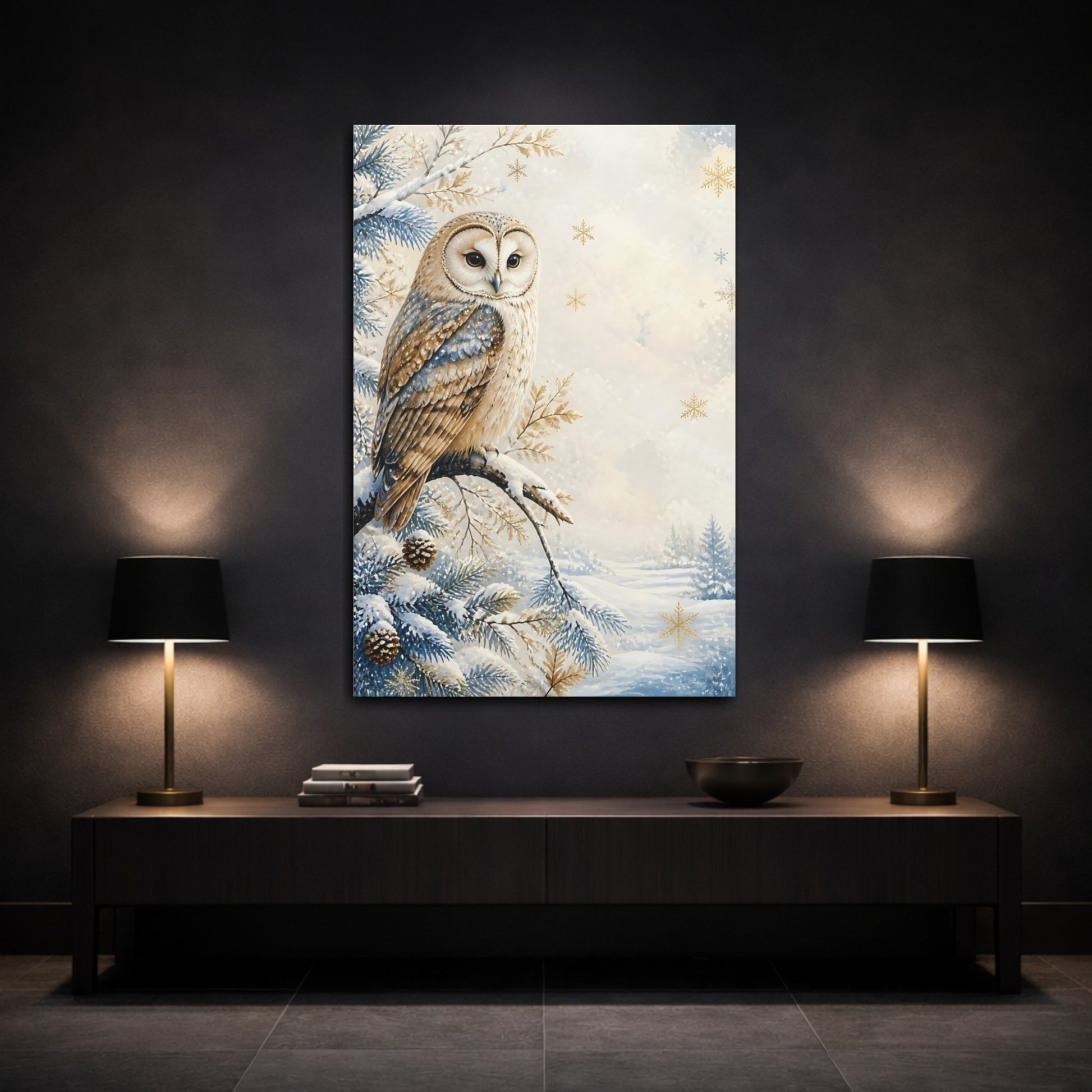 Mockup 3. Barn Owl In Snow shown as canvas print