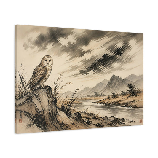 Main Mockup. Barn Owl River Landscape shown as canvas print