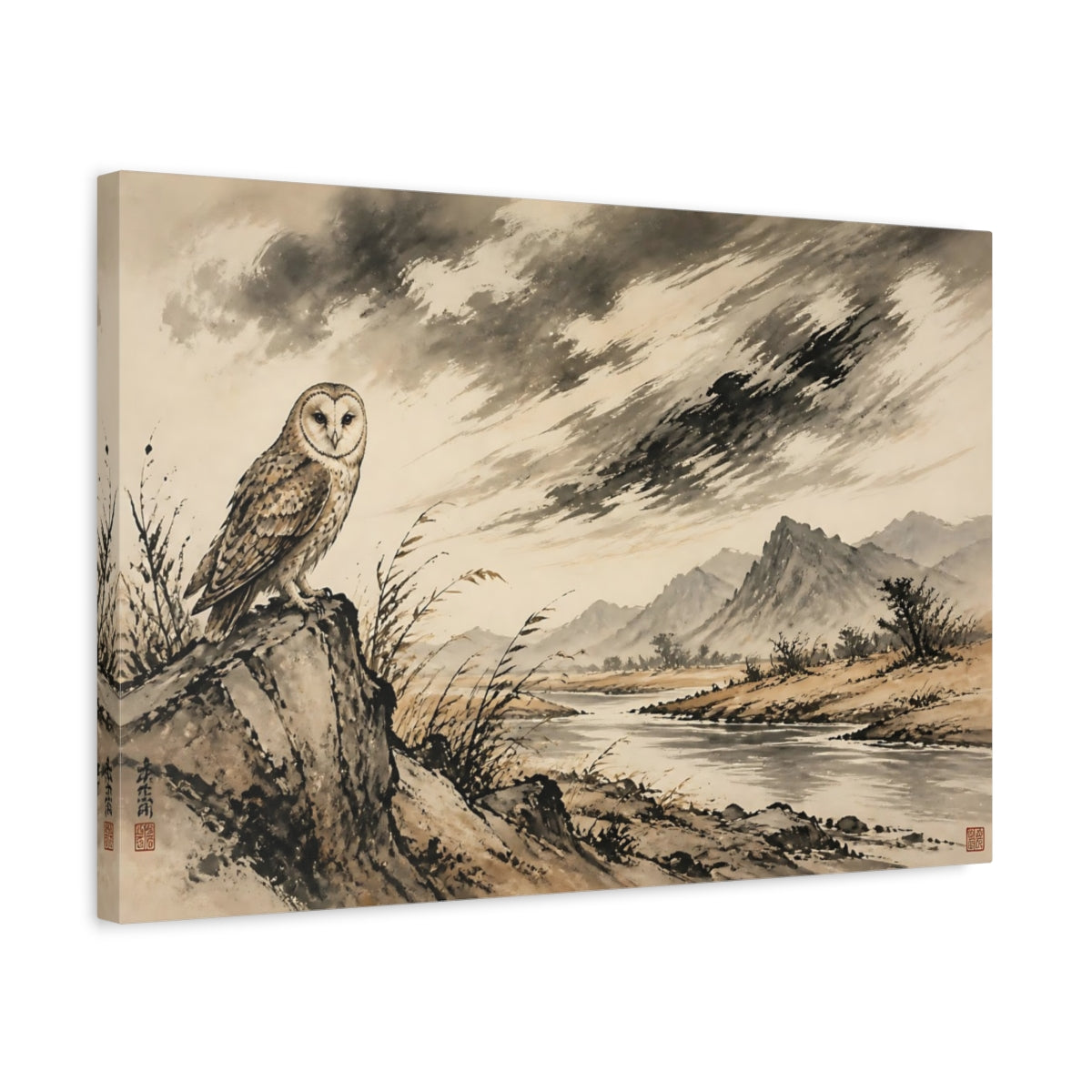 Side Mockup 3. Barn Owl River Landscape shown as canvas print