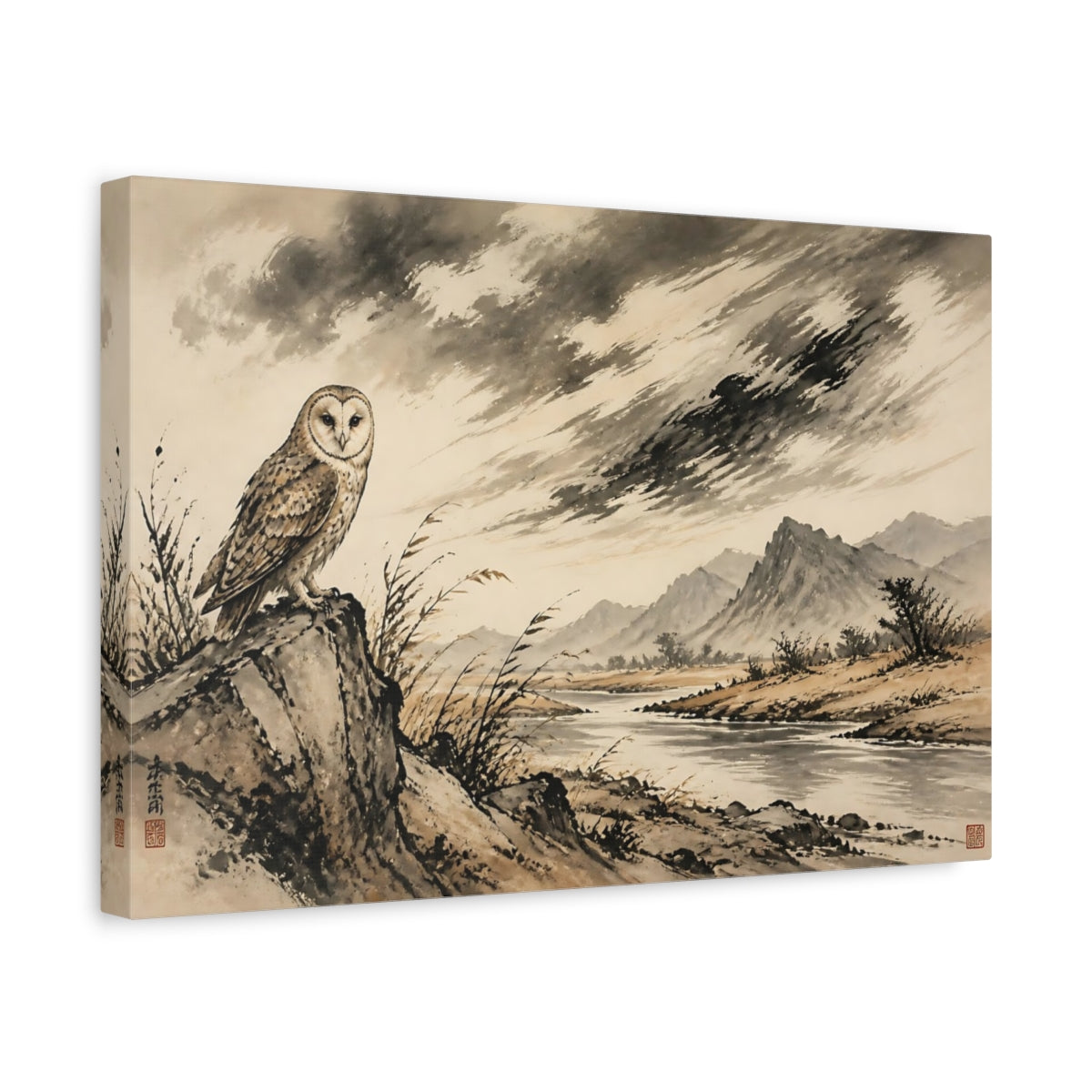 Side Mockup 4. Barn Owl River Landscape shown as canvas print