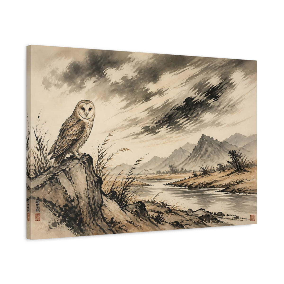 Side Mockup 2. Barn Owl River Landscape shown as canvas print