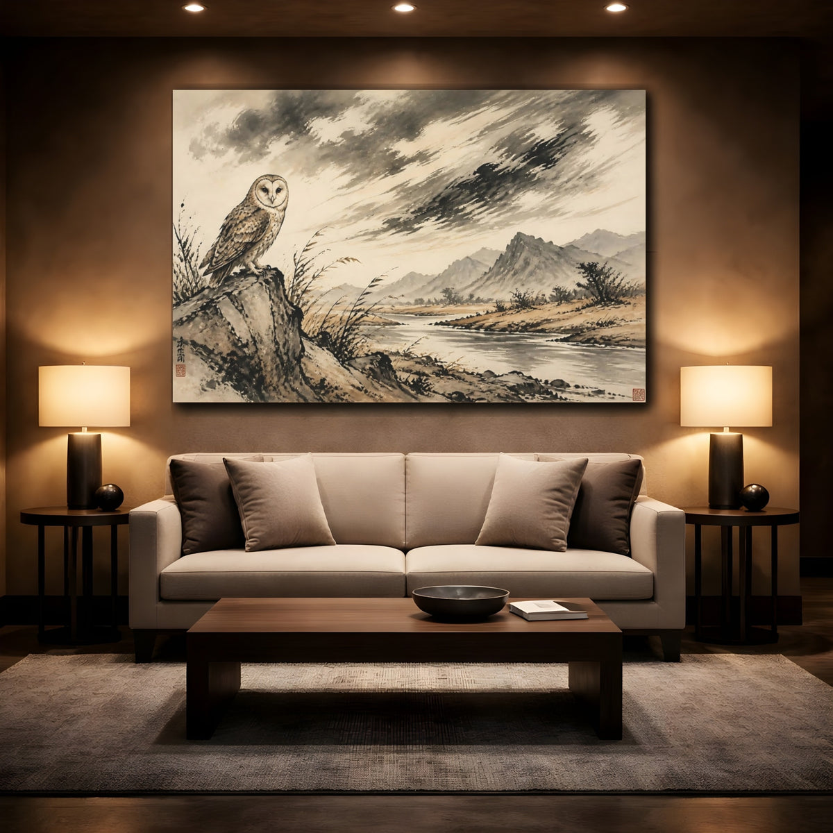 Mockup 2. Barn Owl River Landscape shown as canvas print