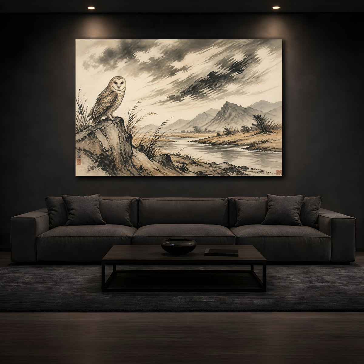 Mockup 3. Barn Owl River Landscape shown as canvas print