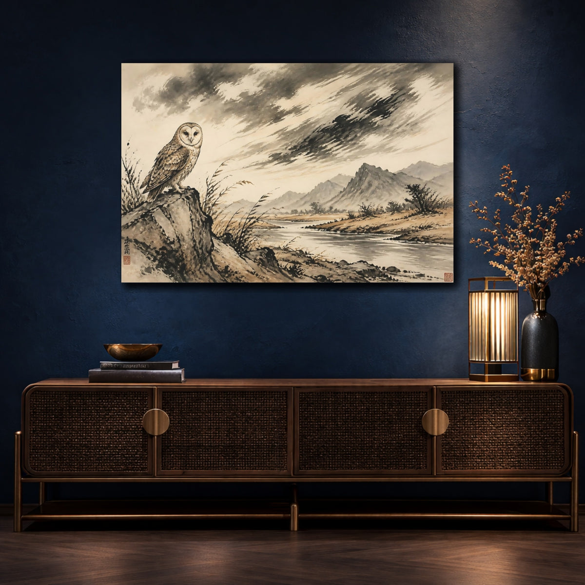 Mockup 4. Barn Owl River Landscape shown as canvas print