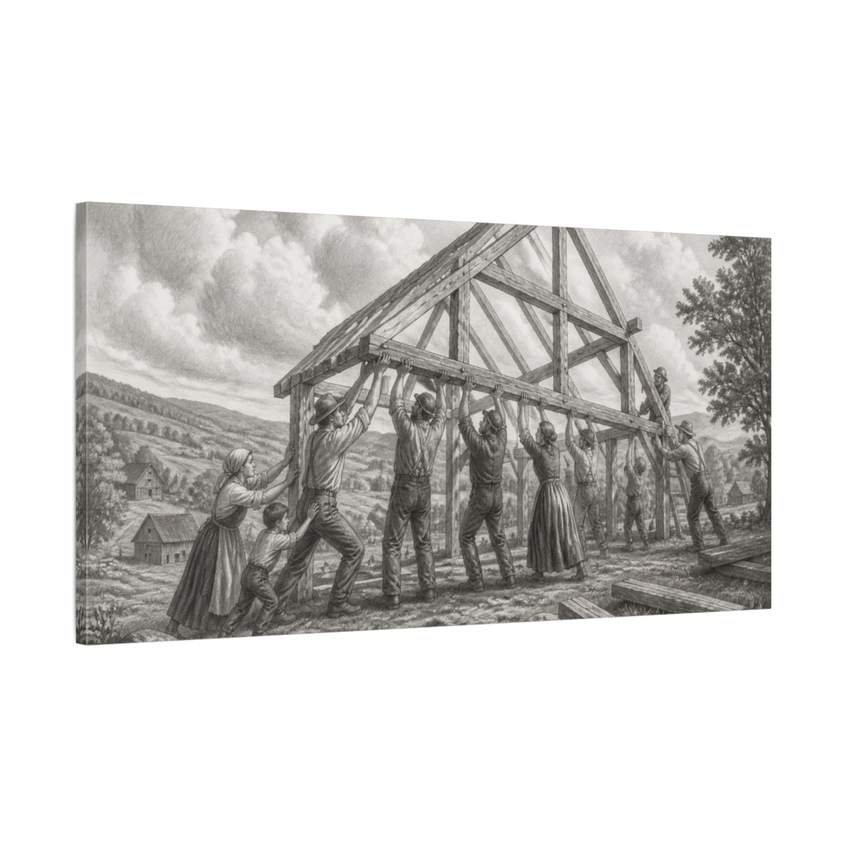 Main Mockup. Barn Raising Under Rolling Clouds shown as canvas print