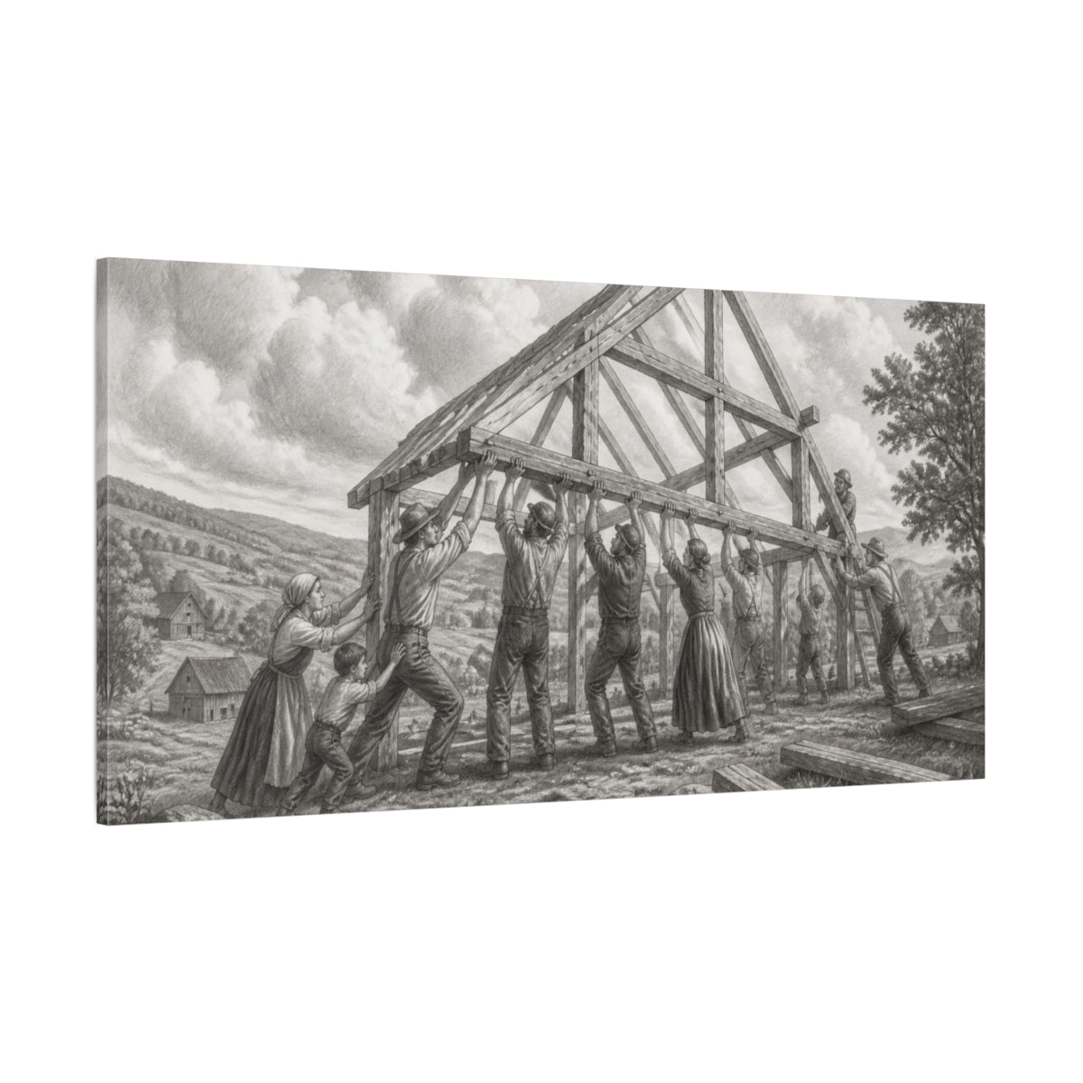Side Mockup 2. Barn Raising Under Rolling Clouds shown as canvas print