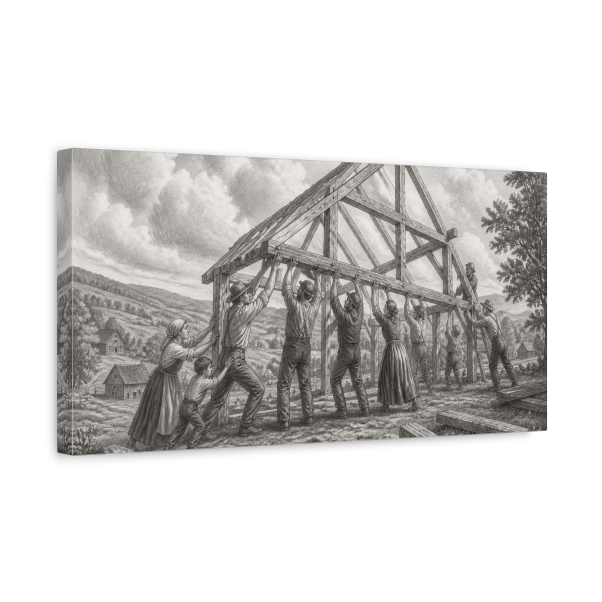 Side Mockup 3. Barn Raising Under Rolling Clouds shown as canvas print