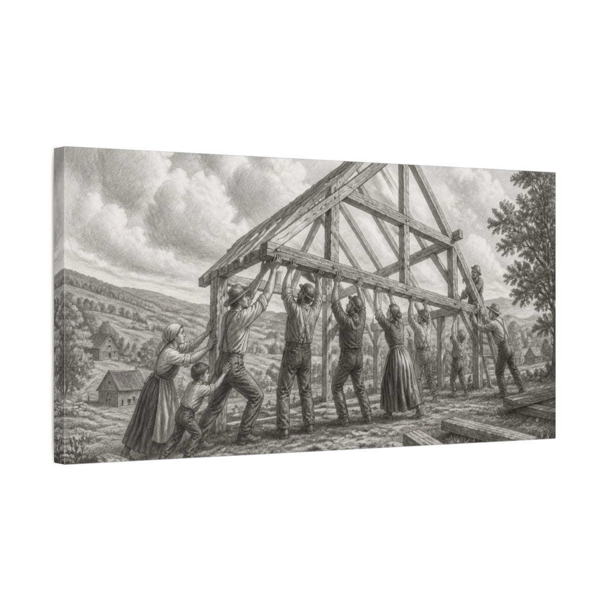 Side Mockup 1. Barn Raising Under Rolling Clouds shown as canvas print
