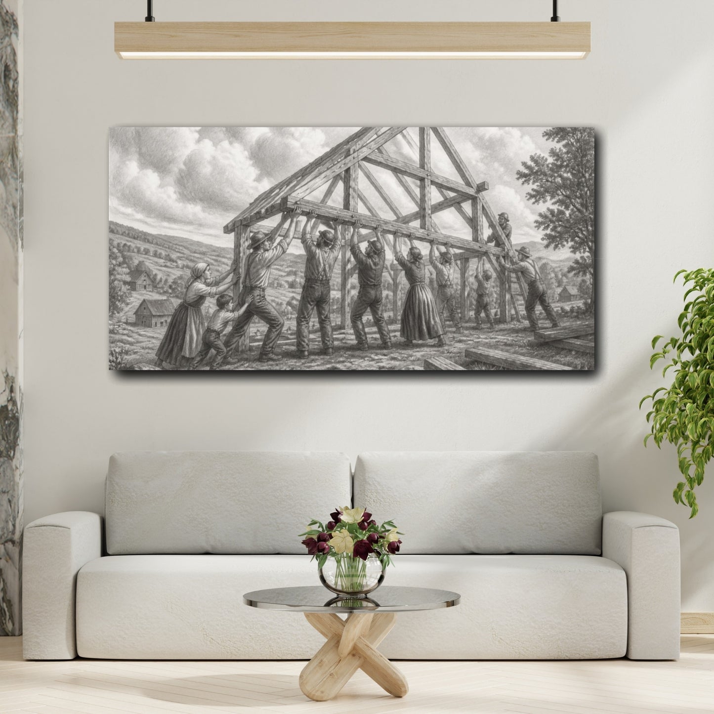 Mockup 2. Barn Raising Under Rolling Clouds shown as canvas print