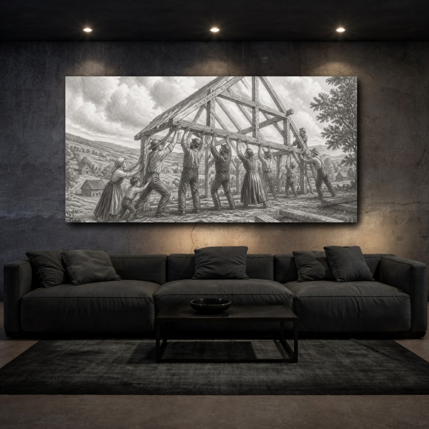 Mockup 3. Barn Raising Under Rolling Clouds shown as canvas print