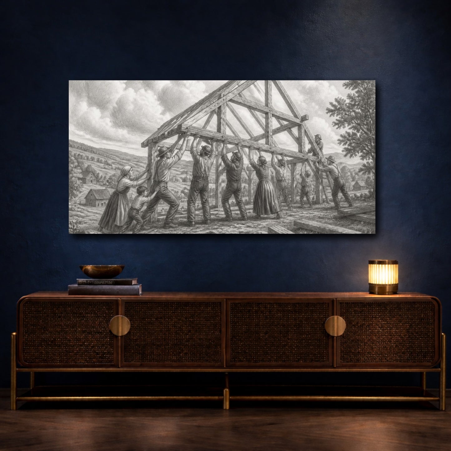 Mockup 4. Barn Raising Under Rolling Clouds shown as canvas print