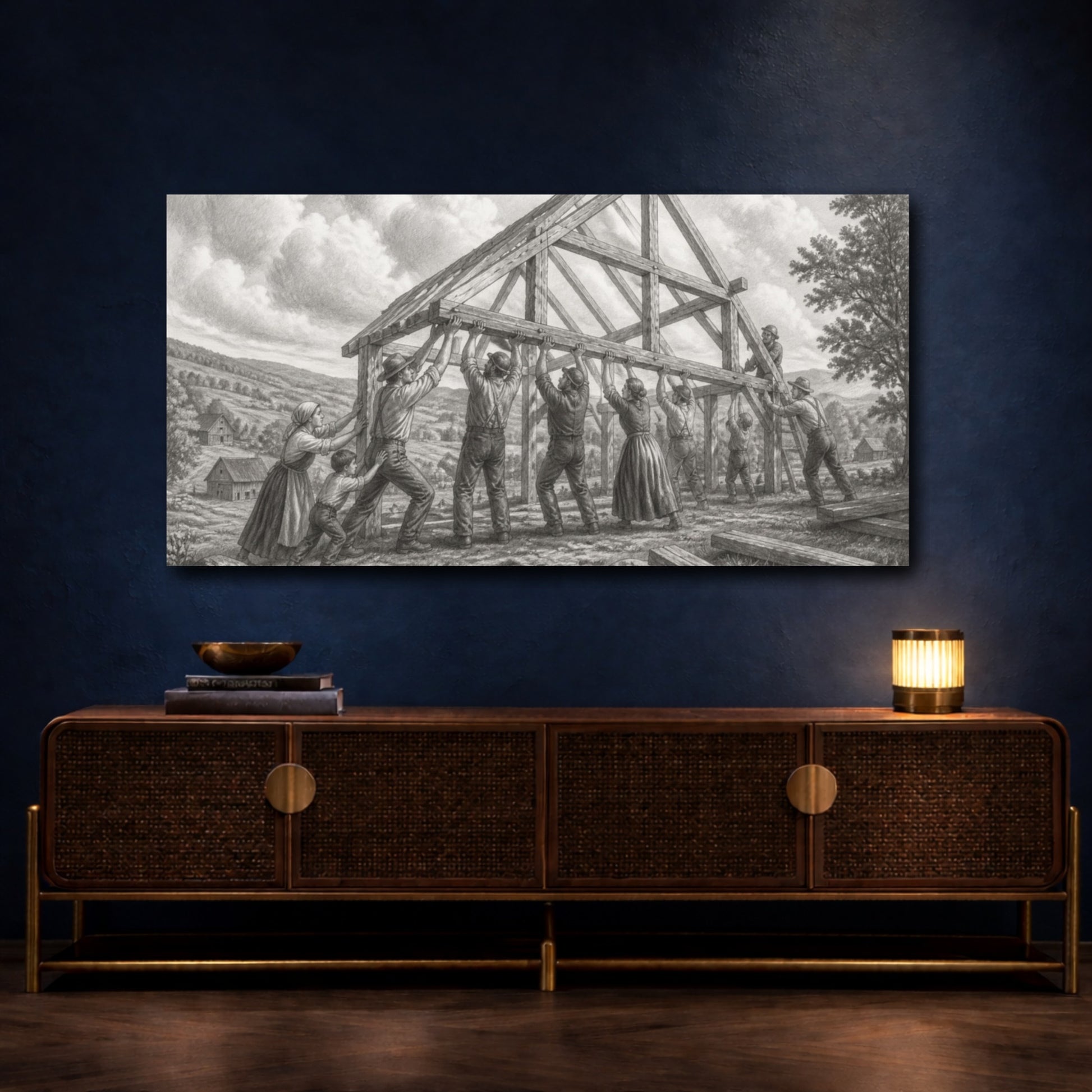 Mockup 4. Barn Raising Under Rolling Clouds shown as canvas print