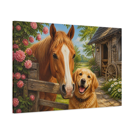 Main Mockup. Barnyard Horse And Dog Animals shown as canvas print