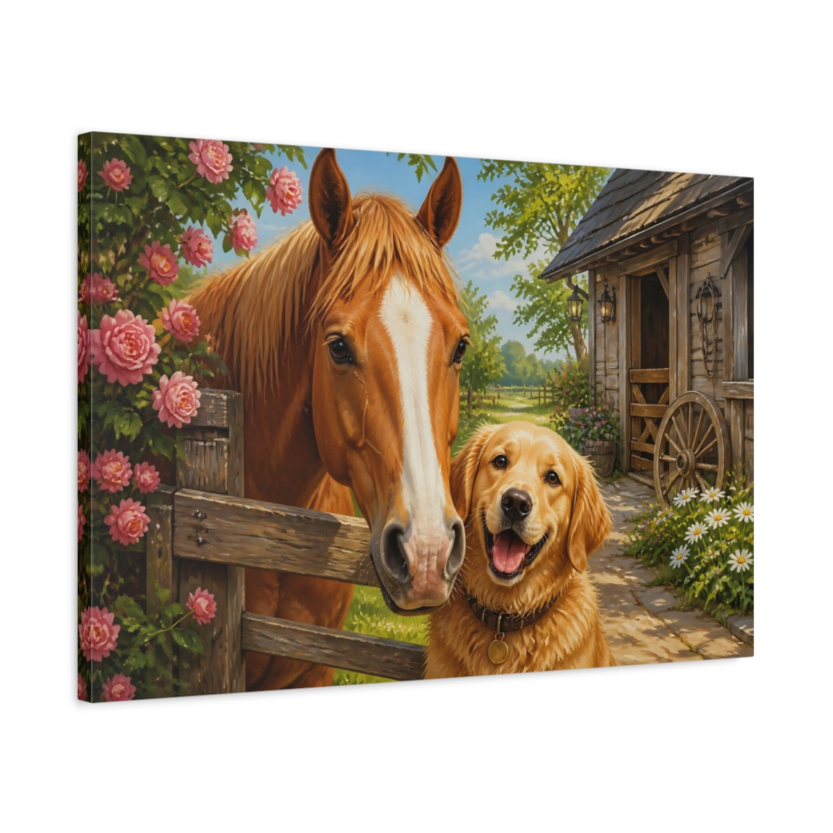 Side Mockup 2. Barnyard Horse And Dog Animals shown as canvas print