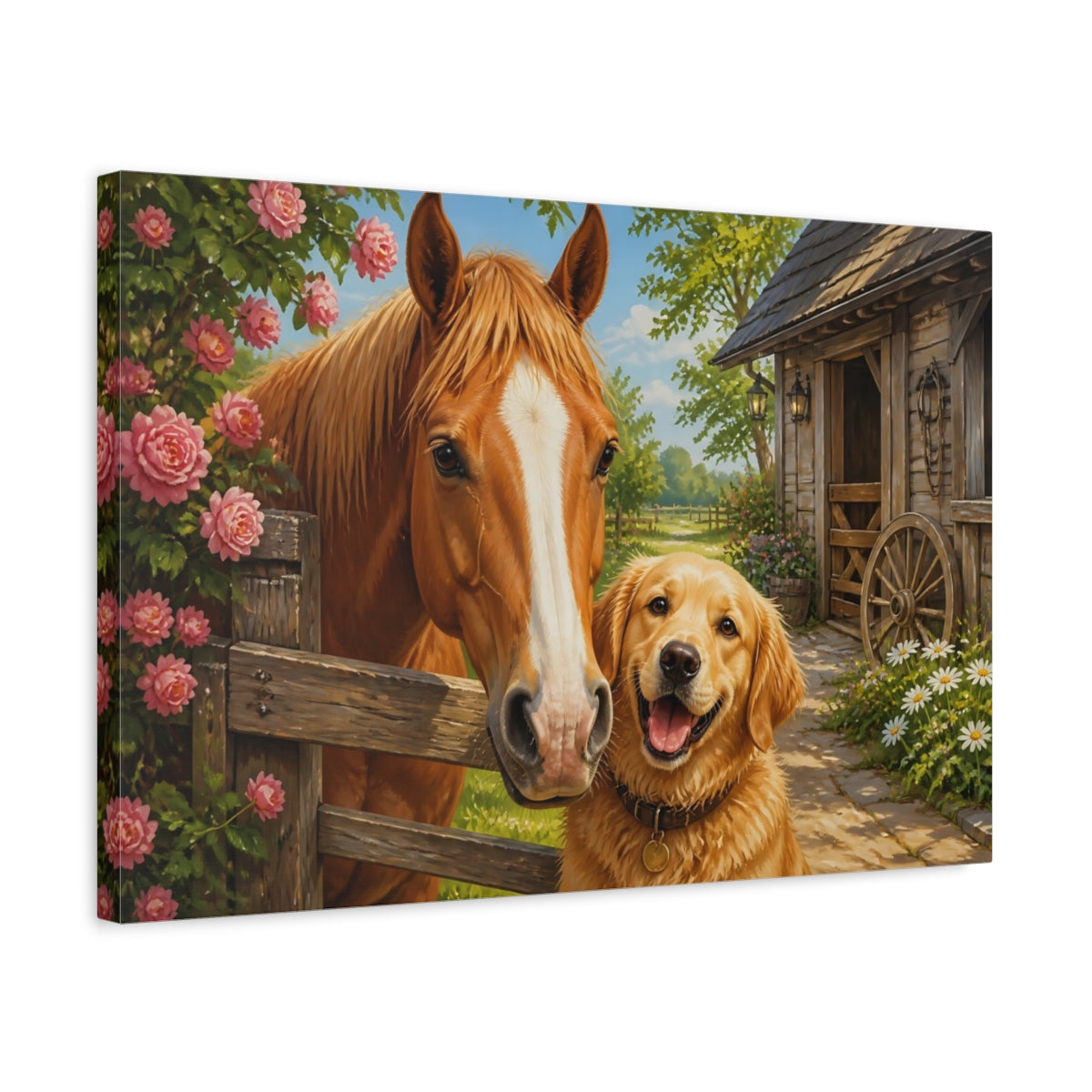 Side Mockup 3. Barnyard Horse And Dog Animals shown as canvas print