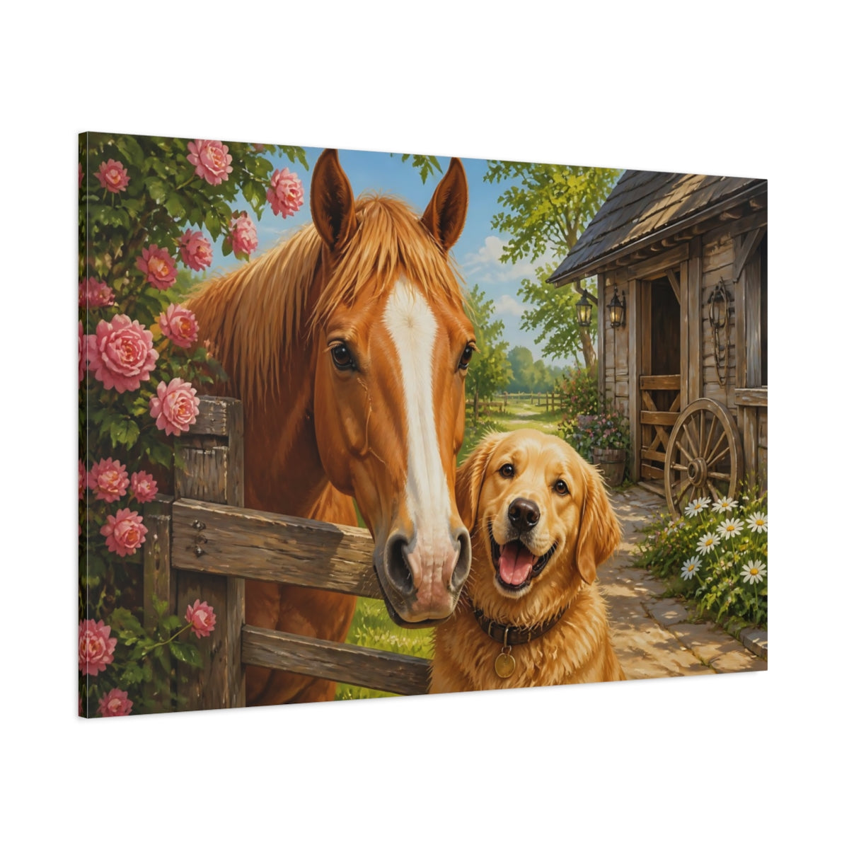 Side Mockup 1. Barnyard Horse And Dog Animals shown as canvas print