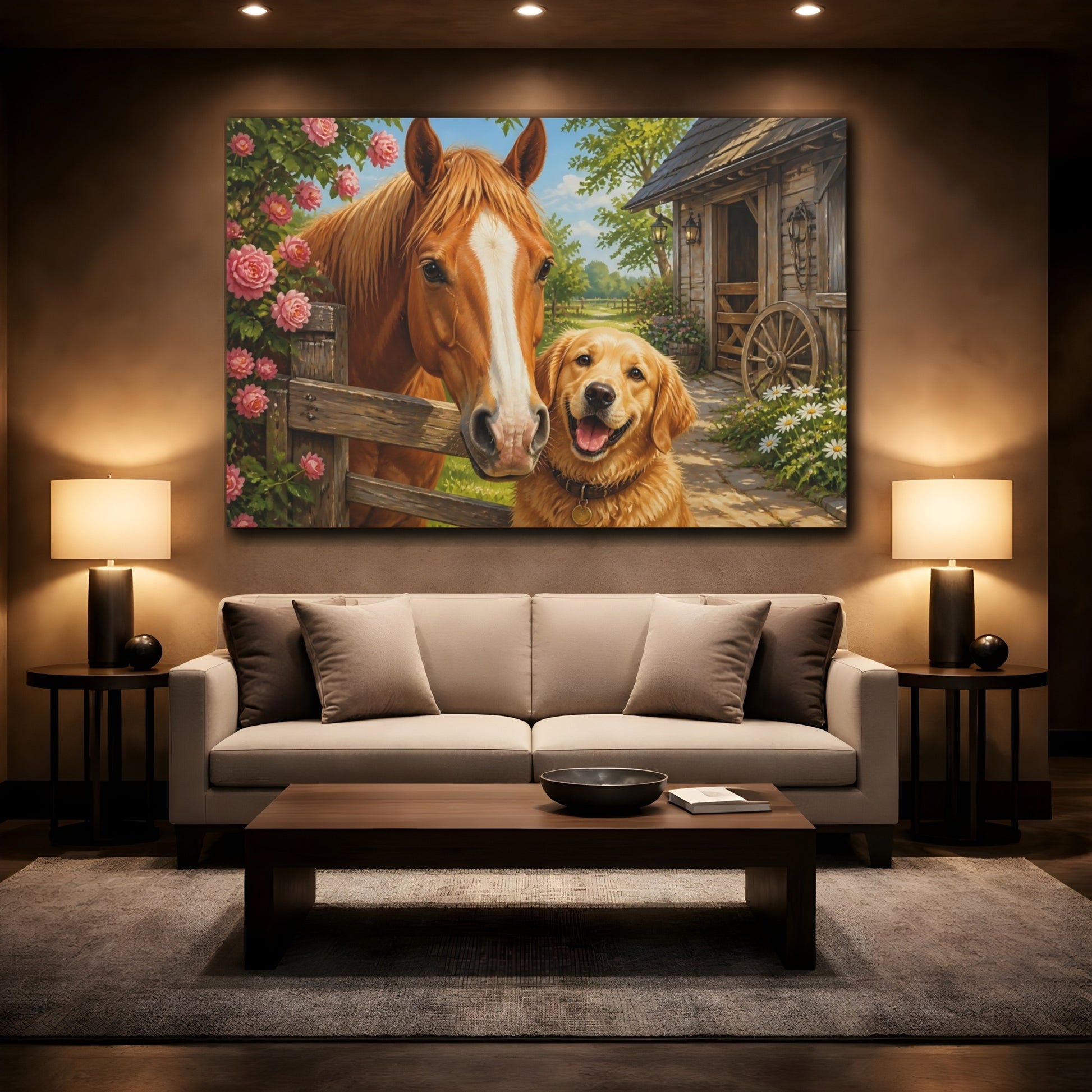 Mockup 2. Barnyard Horse And Dog Animals shown as canvas print