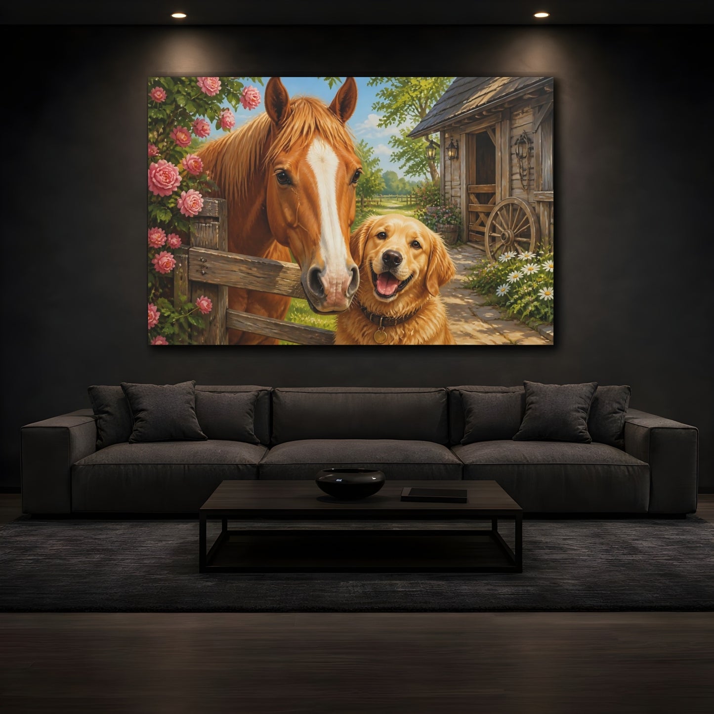 Mockup 3. Barnyard Horse And Dog Animals shown as canvas print