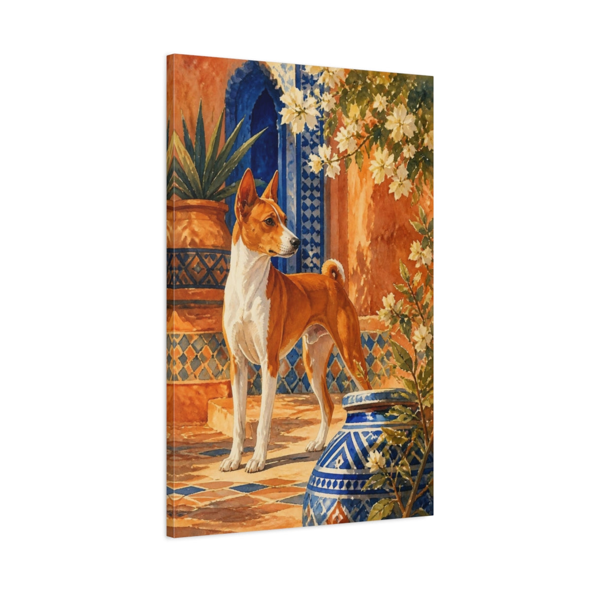 Main Mockup. Basenji Courtyard Pets shown as canvas print