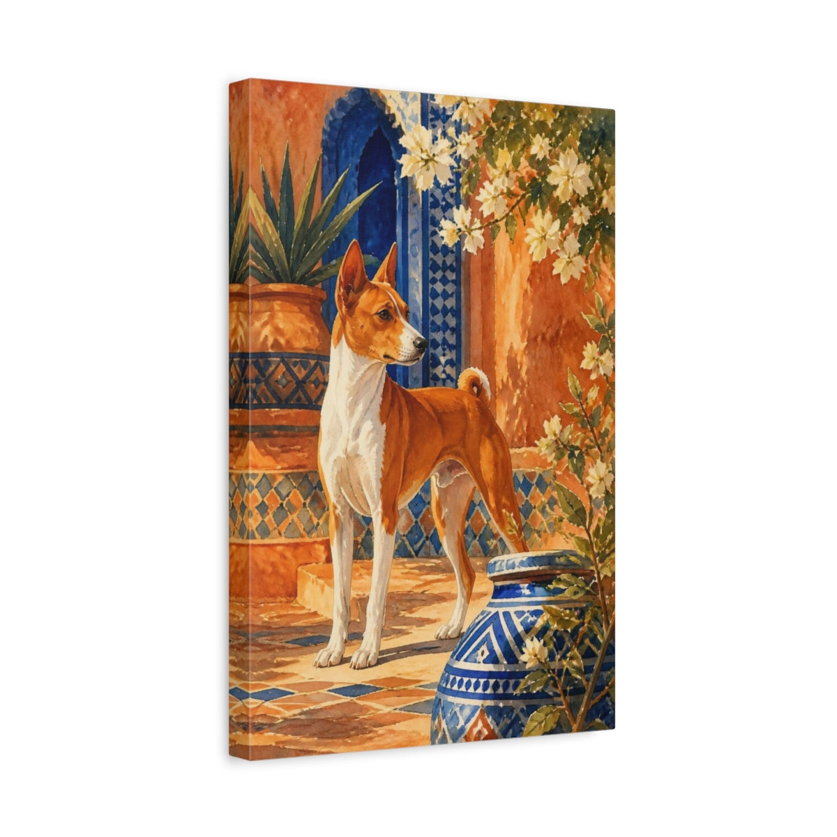 Side Mockup 4. Basenji Courtyard Pets shown as canvas print