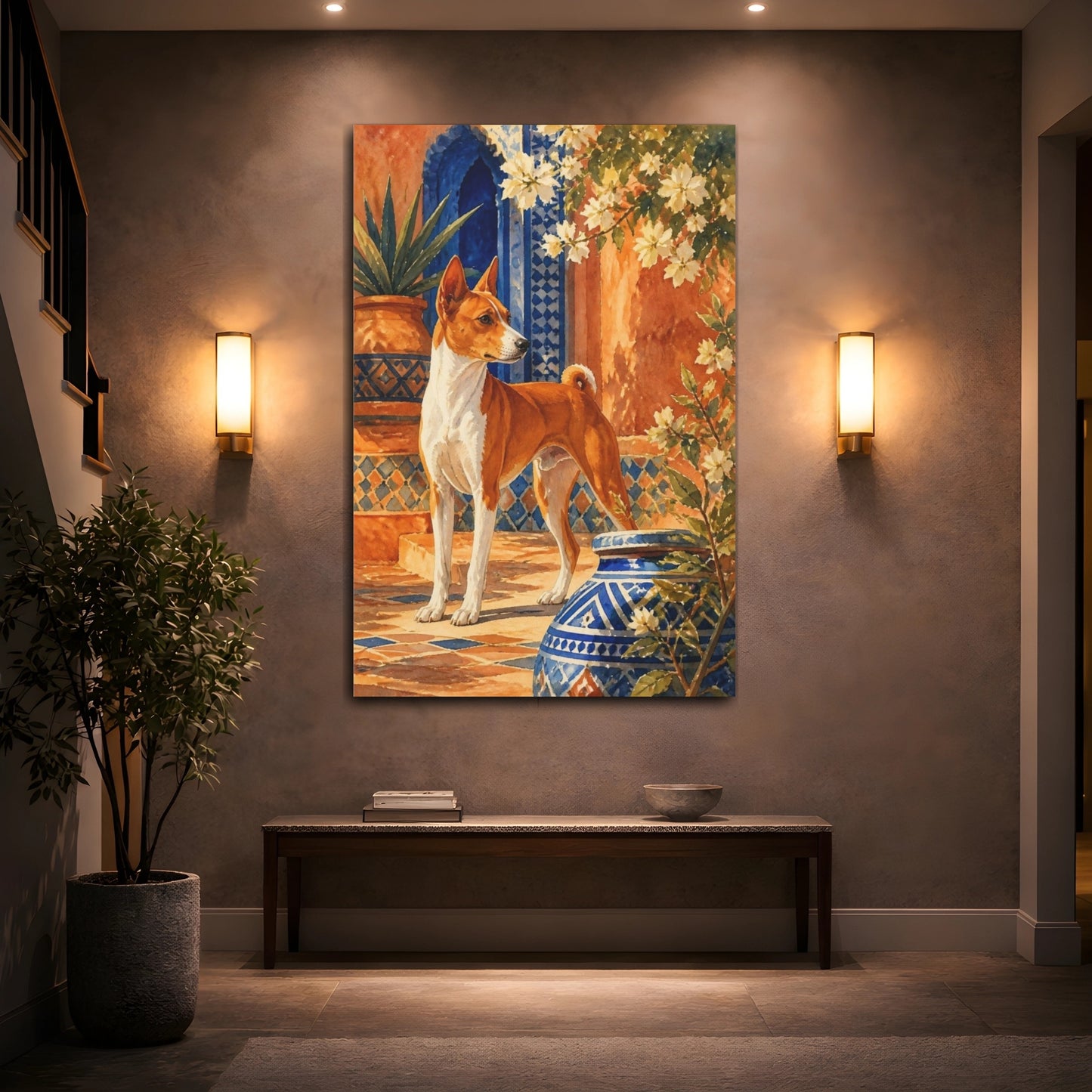 Mockup 2. Basenji Courtyard Pets shown as canvas print