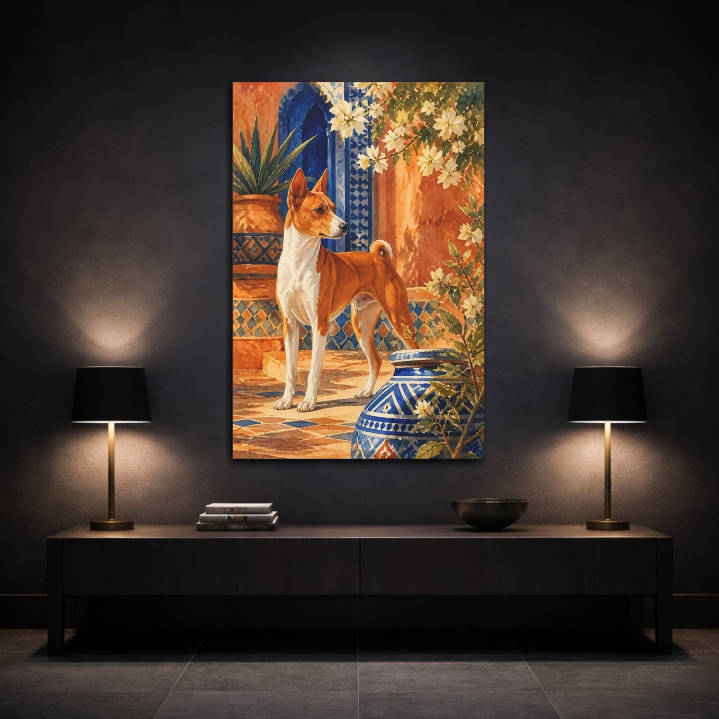 Mockup 3. Basenji Courtyard Pets shown as canvas print