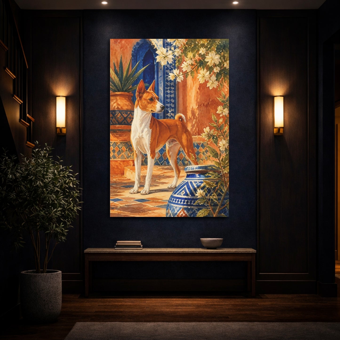 Mockup 4. Basenji Courtyard Pets shown as canvas print