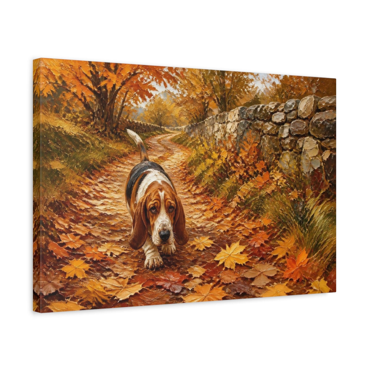 Side Mockup 3. Basset Hound Pets Walk shown as canvas print