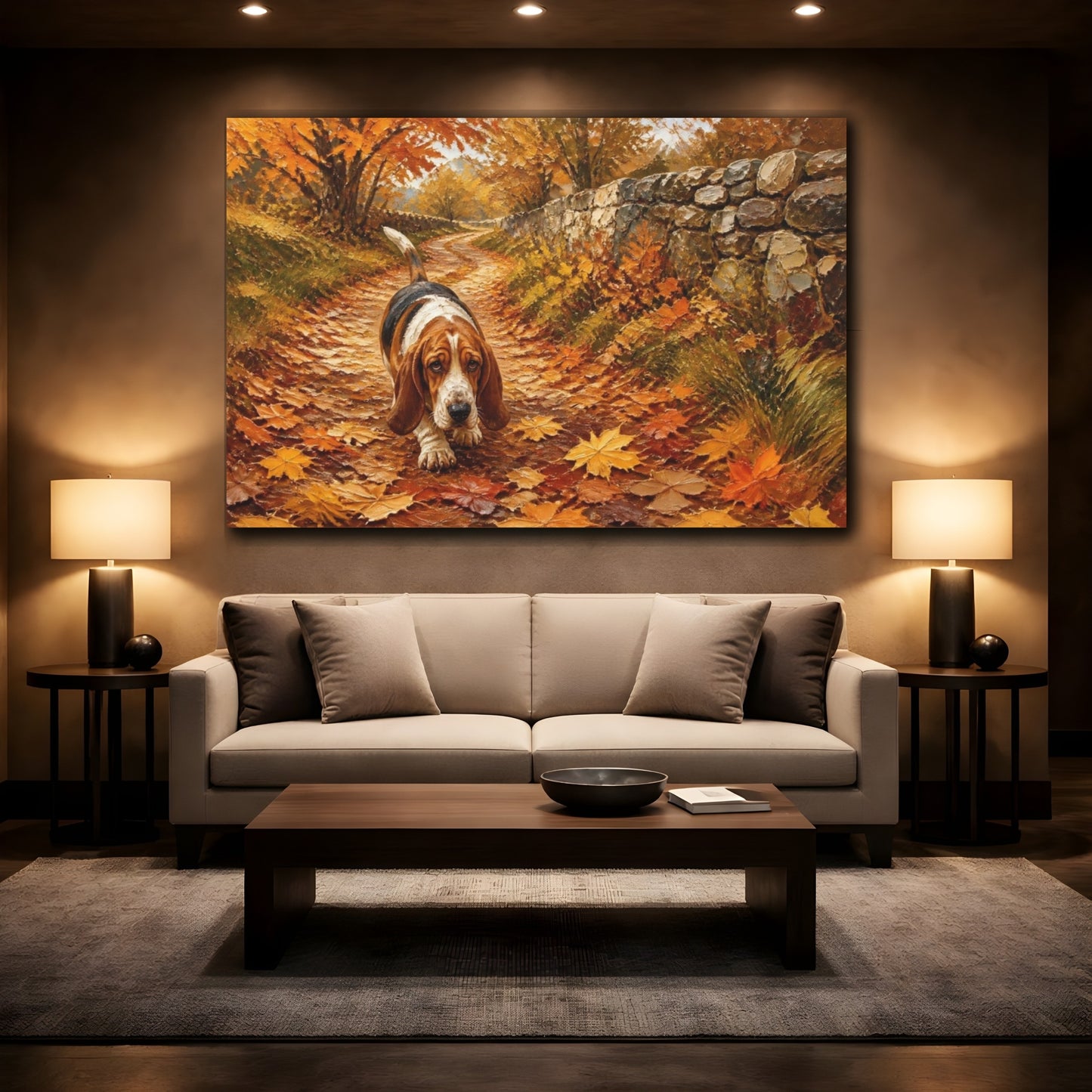 Mockup 2. Basset Hound Pets Walk shown as canvas print