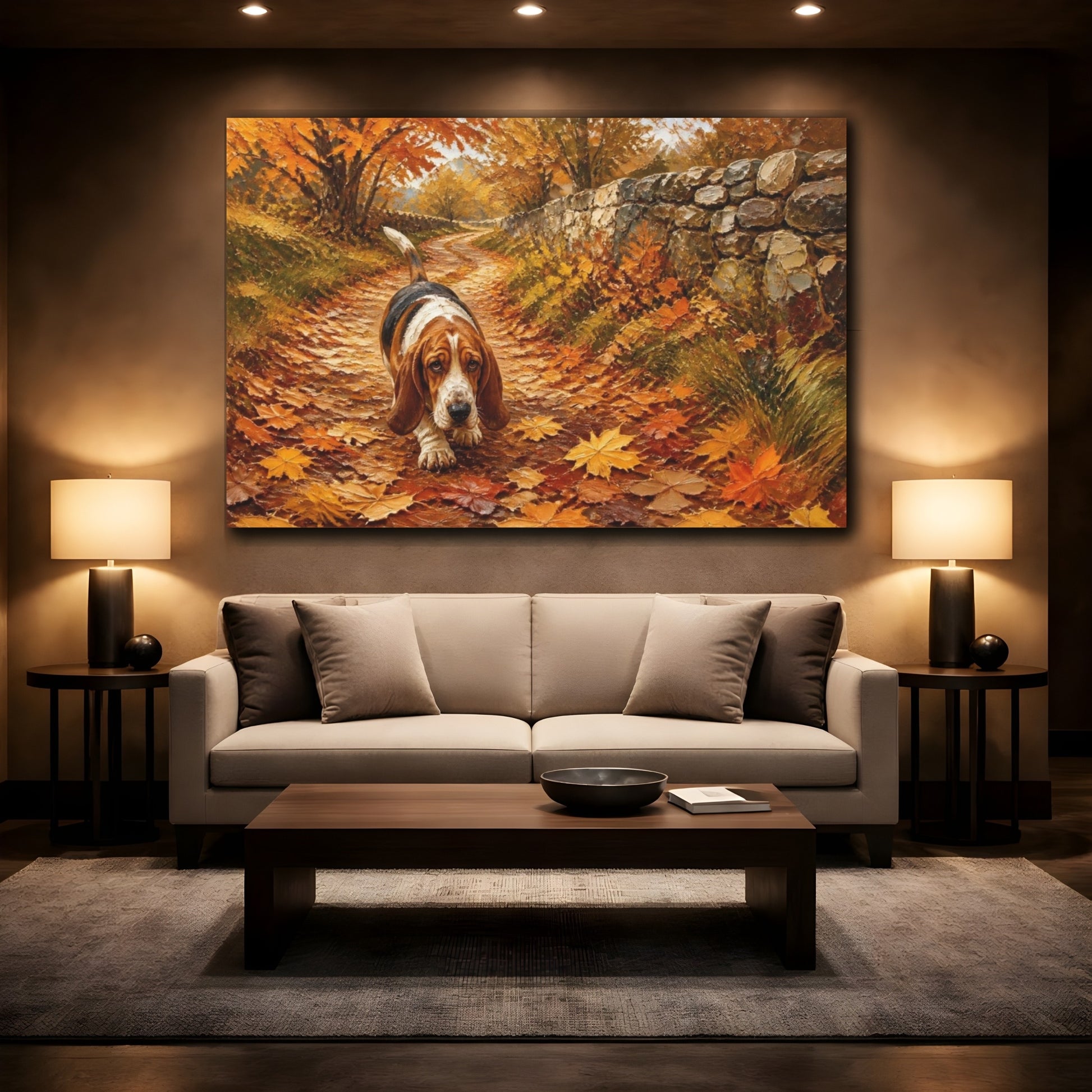 Mockup 2. Basset Hound Pets Walk shown as canvas print