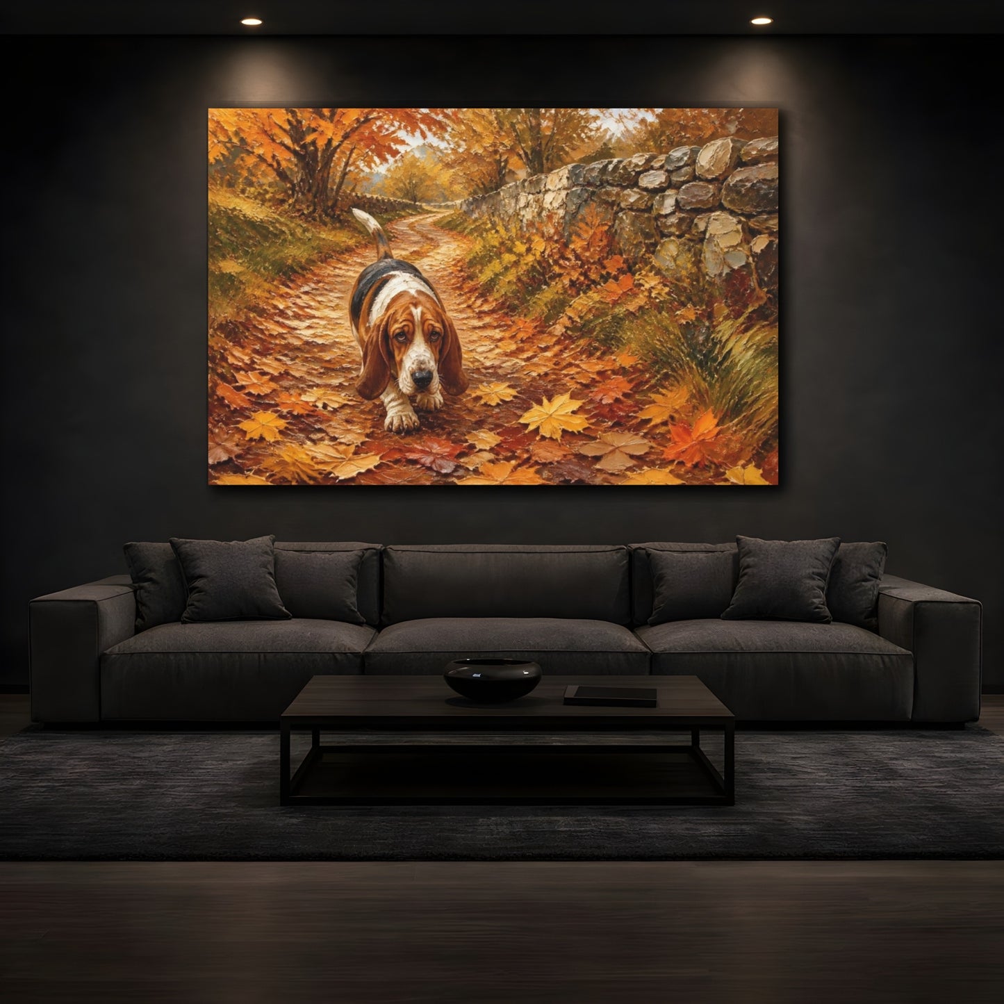 Mockup 3. Basset Hound Pets Walk shown as canvas print