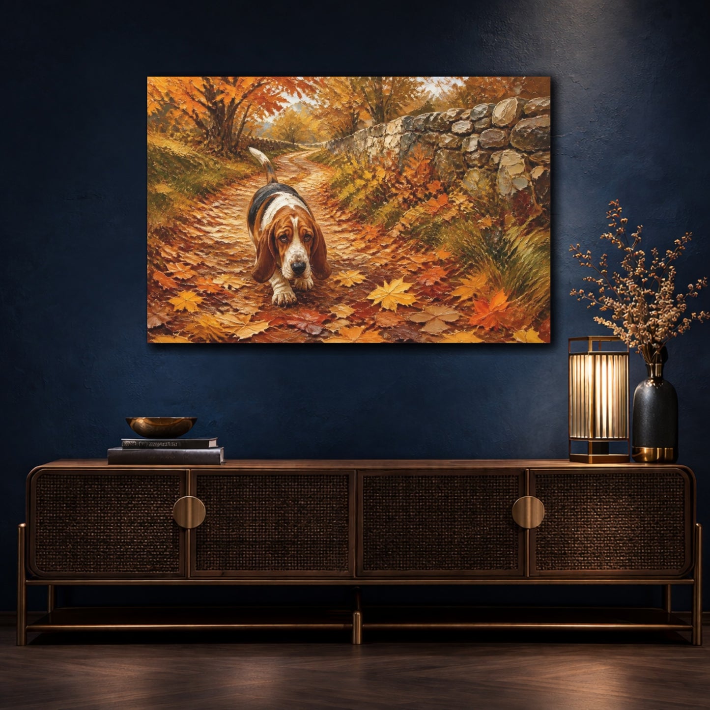 Mockup 4. Basset Hound Pets Walk shown as canvas print