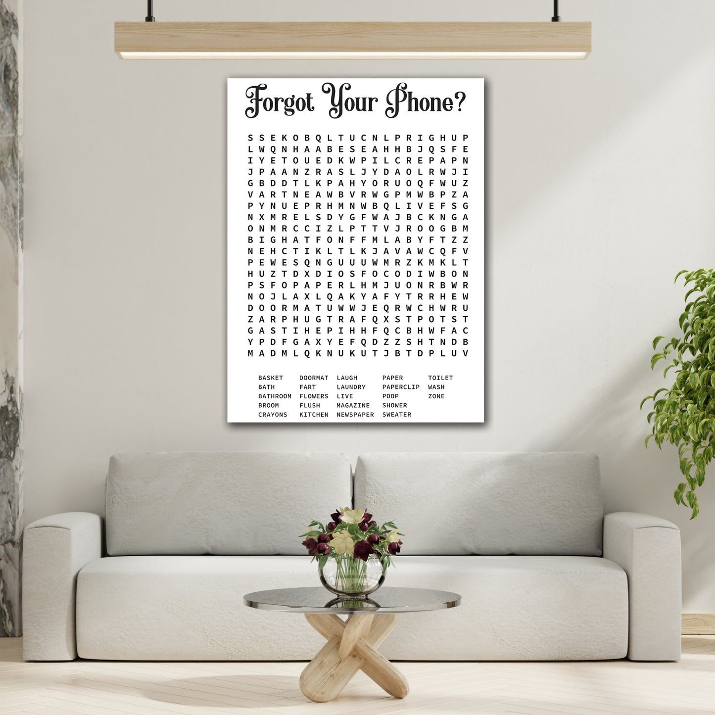 Bathroom Word Search Rustic Canvas Print Decor - Modern Farmhouse Funny Wall Art Gift for Father's Day