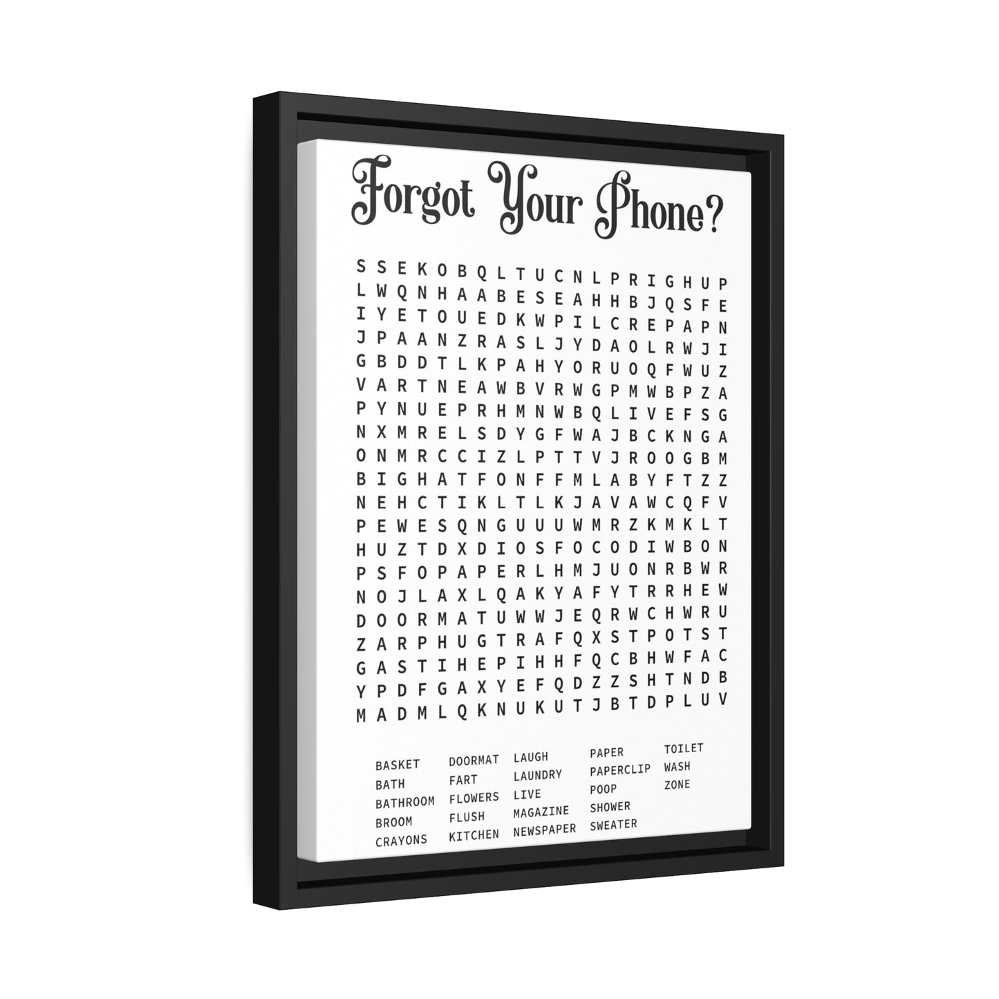 Bathroom Word Search Rustic Wall Art Canvas Prints - Modern Farmhouse Funny Gift for Mother's Day Home Decor Print in Exclusive Black Frame