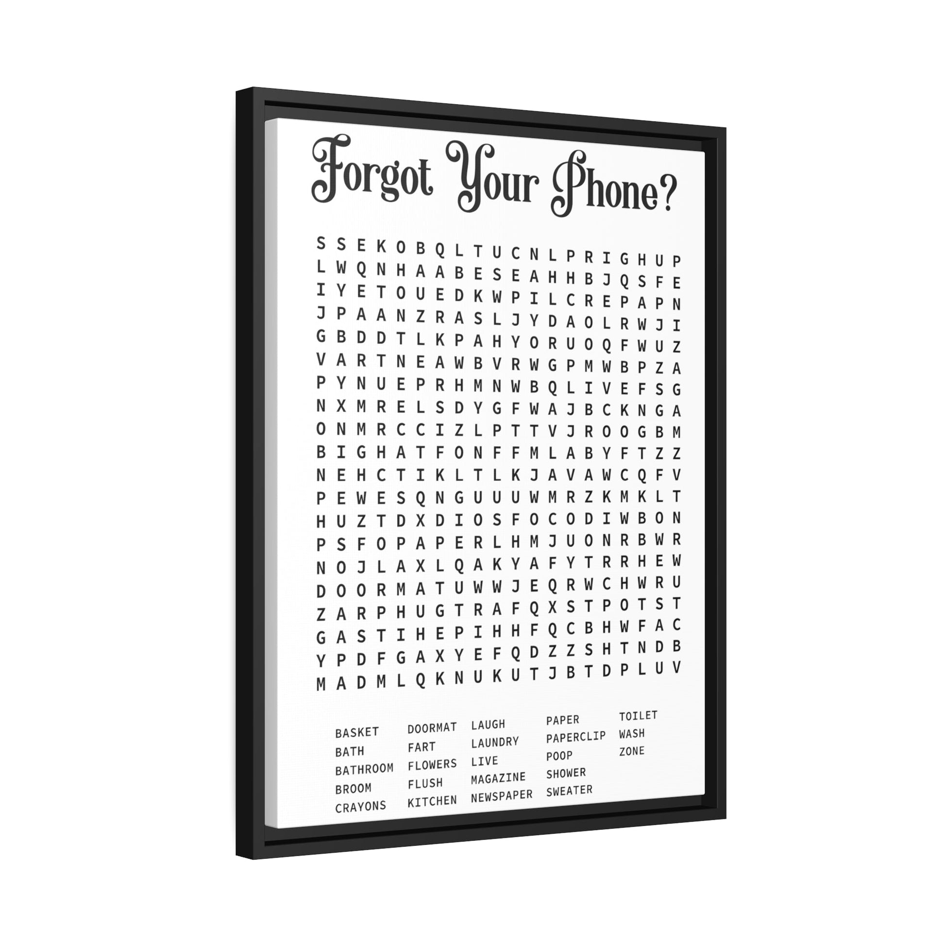 Bathroom Word Search Rustic Wall Art Canvas Prints - Modern Farmhouse Funny Gift for Mother's Day Home Decor Print in Exclusive Black Frame