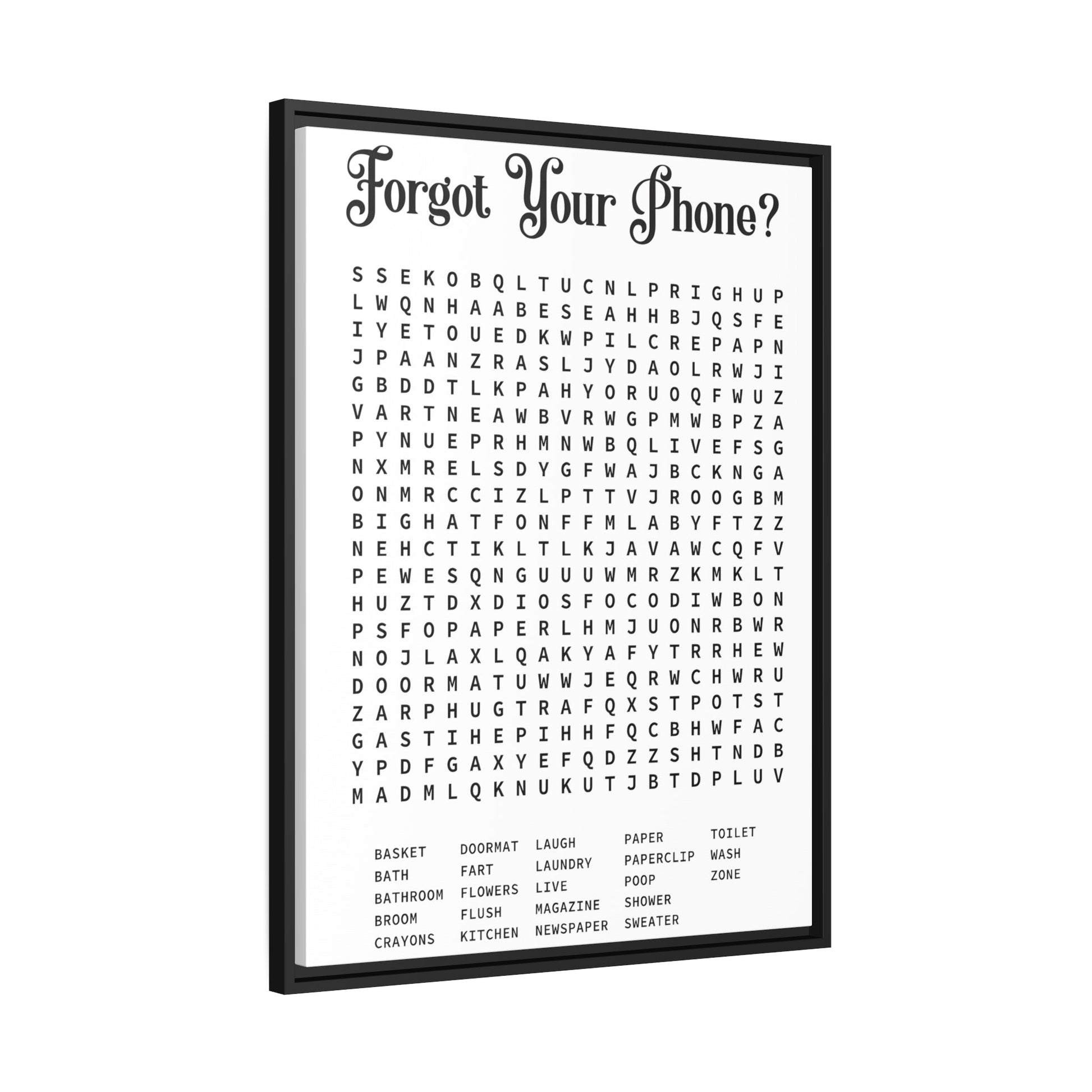 Bathroom Word Search Rustic Wall Art Canvas Prints - Modern Farmhouse Funny Gift for Mother's Day Home Decor Print in Exclusive Black Frame