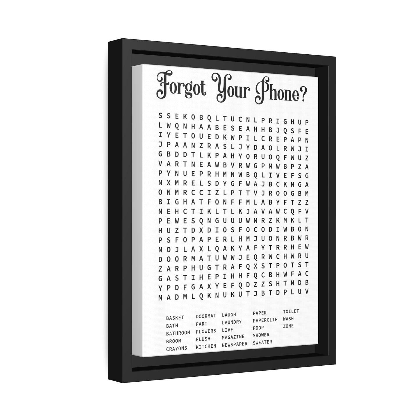 Bathroom Word Search Rustic Wall Art Canvas Prints - Modern Farmhouse Funny Gift for Mother's Day Home Decor Print in Exclusive Black Frame