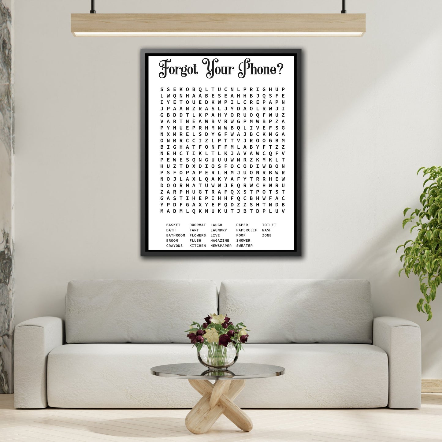 Bathroom Word Search Rustic Wall Art Canvas Prints - Modern Farmhouse Funny Gift for Mother's Day Home Decor Print in Exclusive Black Frame