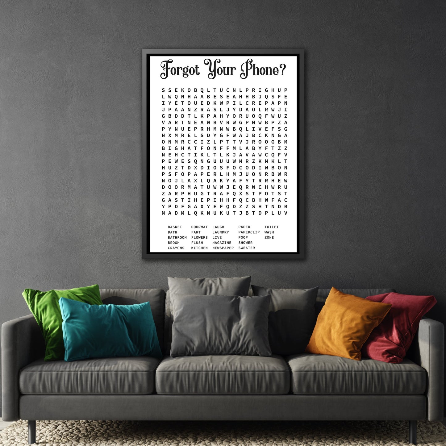 Bathroom Word Search Rustic Wall Art Canvas Prints - Modern Farmhouse Funny Gift for Mother's Day Home Decor Print in Exclusive Black Frame